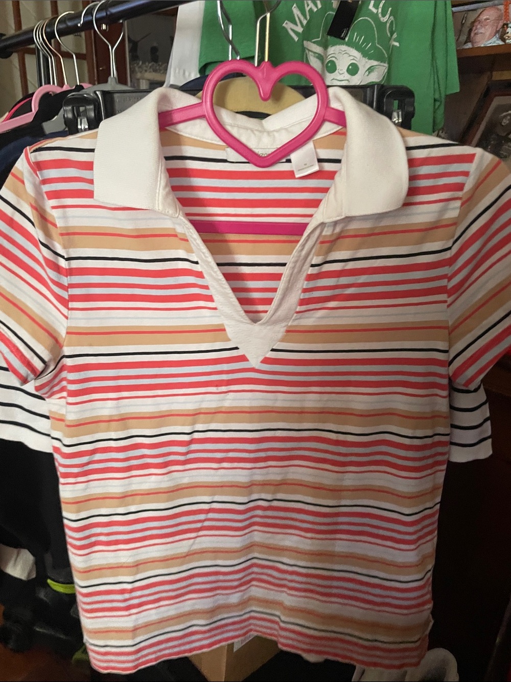 Women’s Short Sleeve Striped Polo Tee in Cream, Pink & Orange